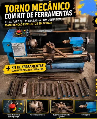 Torno Mecânico Baby Lathe C0 + Kit Completo de Ferramentas