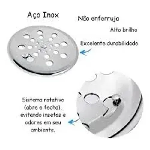 Grelha Inox Redonda para Ralo Banheiro com Sistema Fechamento - 10 e 15cm diâmetro