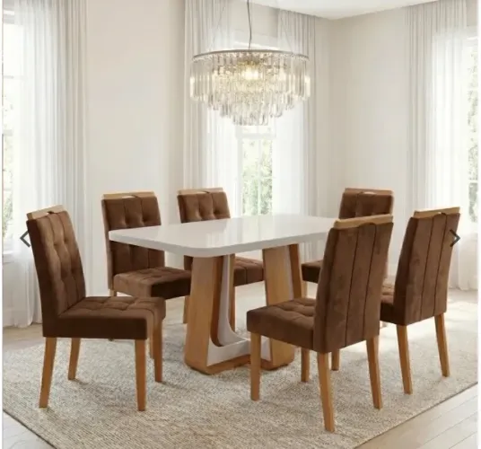 Conjunto de Jantar Harmonia Glass 6 Lugares - Mesa Amêndoa/Off White com Vidro