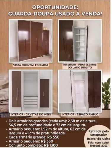 Guarda-Roupa Modular - 3 Armários - Excelente Estado