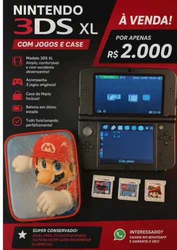 Nintendo 3DS XL, 3 Jogos, case, carregador