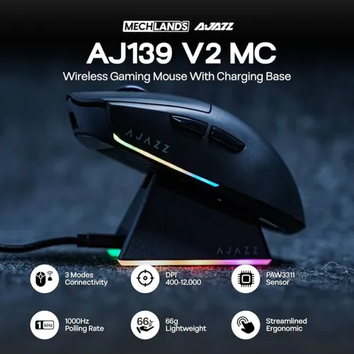 Mouse AJAZZ AJ139 V2 MC Sem Fio Bluetooth 2.4G USB-C 12000 DPI com Base RGB