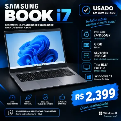 VENDO NOTEBOOK SAMSUNG BOOK - INTEL CORE i7-1165G7 - 11ª geração