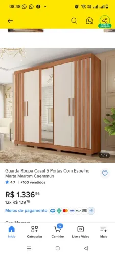Guarda Roupa Casal 5 Portas Com Espelho Marta Marrom Caemmun