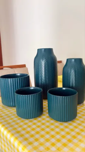 Conjunto de Vasos Decorativos em Cerâmica - Verde Petróleo - 5 Peças