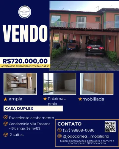 Excelente Casa Duplex à Venda no Condomínio Vila Toscana Bicanga, Serra/ES