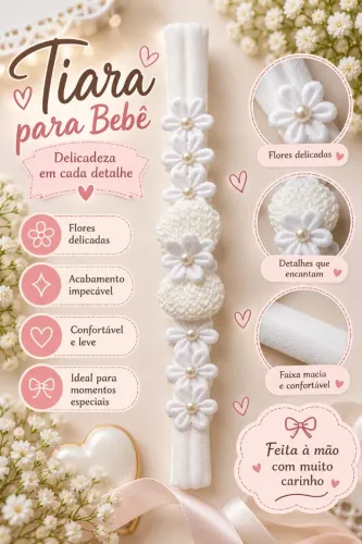 Tiara para bebê branca com flores e pérolas
