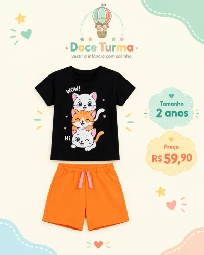 Conjunto Curto Verão Infantil Meninas Gatinhos Wow Hi