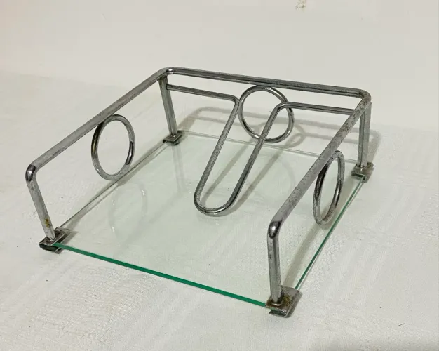 Antigo Porta Guardanapos De Mesa Vidro E Metal Cromado Anos 70