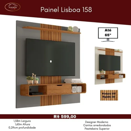 Painel Lisboa 158 para tv 65" larg 1,58m alt 1,60m, entrega em 3 dias