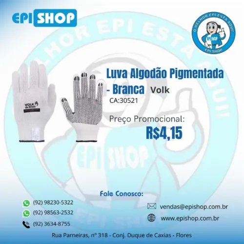 Luva Mecânico Algodão Branco 4 fios palma/pigmentado Volk CA 30521