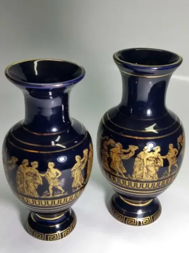 Par de vasos Gregos azul cobalto e ouro 24 K 