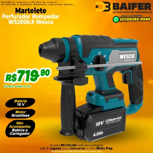 Martelete Perfurador Rompedor Bateria 18v WS2806.9 Wesco