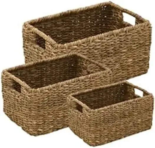 Conjunto de 3 Cestos Decorativos em Alga Marinha Natural, Rústico, para Quarto, Sala e Ban