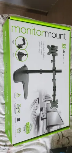 Suporte duplo para monitores, tipo mesa, padrão VESA, excelente para Home Office.