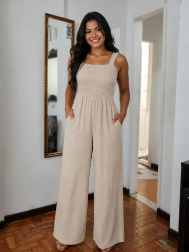 Macacão Wide Leg Feminino Alça Larga E Busto Lastex