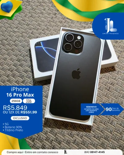 IPHONE 16 PRO MAX, 5G, 256GB, CHIP ESIM, TITÂNIO PRETO, SEMINOVO , EXCLUSIVO!
