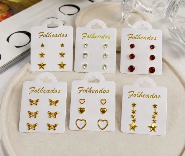 Kit 18 Pares De Brincos Folheados A Ouro Feminino Sortidos