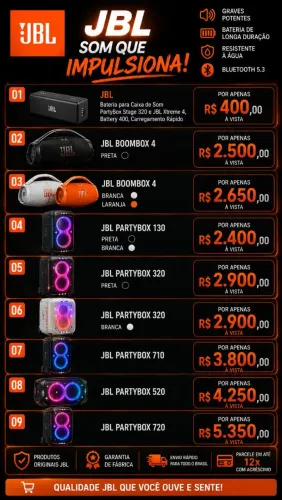 Caixas de Som JBL Originais Lacradas (Boombox 4 / Partybox 320, 520, 710, 720)