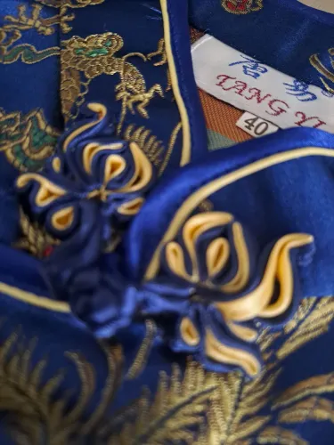 Blusa Chinesa em Cetim Azul Com Estampa Dragão e Fênix<br>