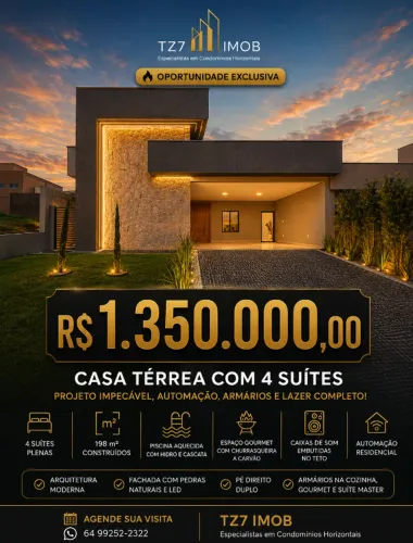 Casa Térrea com 4 Suítes no Jardim Veneza Projeto impecável, automação, armários e lazer