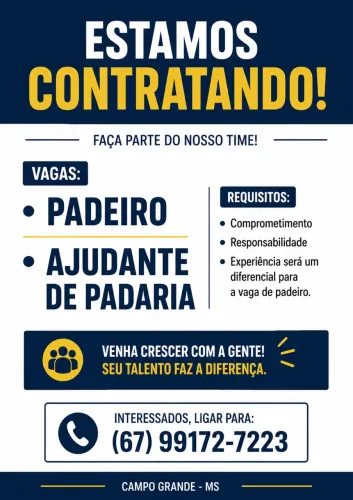 Vaga para padeiro ou ajudante *