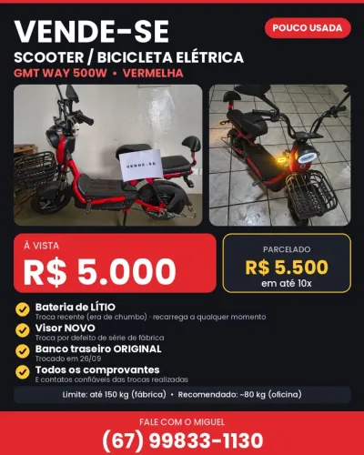 SCOOTER/BICICLETA ELÉTRICA GMT WAY 500W (ALTERADA P/ BATERIA DE LITIO) VERMELHA
