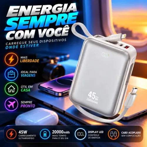 Power Bank turbo 45W 20000mAh com cabo tipo c e Lightning embutido