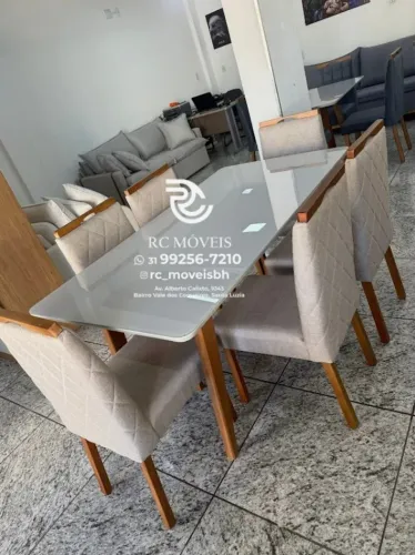 Mesa de jantar 1,70x0,90 Tampo Vidro Laqueado + 6 Cadeiras Madeira maciça | Direto da Fabr