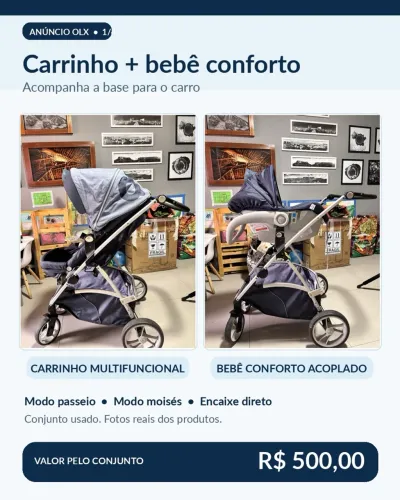 Carrinho de bebê multifuncional + bebê conforto com base - R$ 500