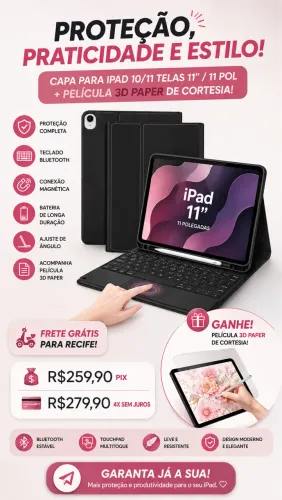 Capa ipad 11 com teclado Bluetooth + película 3D paper