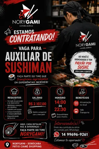 VAGA PARA AUXILIAR DE SUSHIMAN