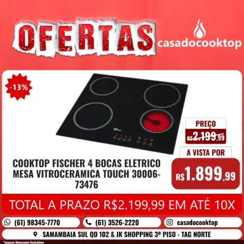 COOKTOP FISCHER 4 BOCAS ELETRICO MESA VITROCERAMICA TOUCH 30006-73476