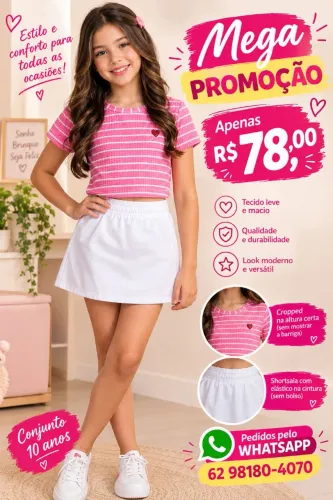 CONJUNTO BLUSA E SHORTSAIA MENINA 10 ANOS MARISOL 