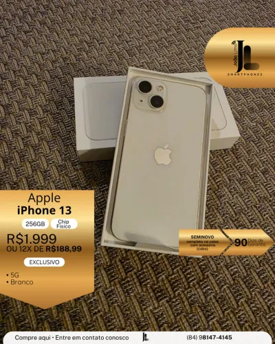 IPHONE 13, 5G, CHIP FÍSICO, 256GB, BRANCO, EXCLUSIVO!