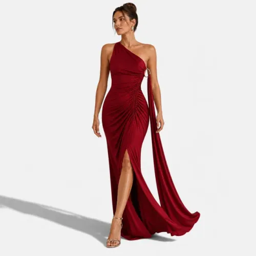 Vestido Longo Vermelho de Festa Um Ombro Só com Drapeado e Fenda Elegante