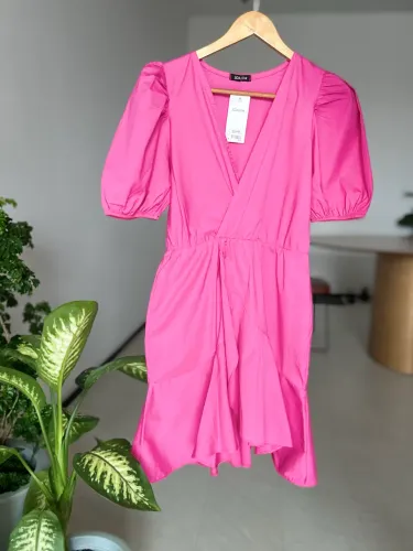 Vestido Curto P/M Rosa Pink Manga Bufante - Novo