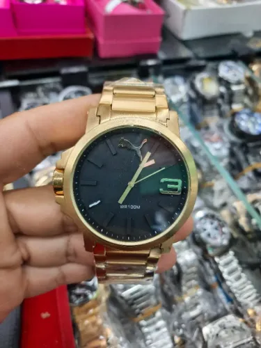 Relógio Puma Dourado Fundo Preto Aço Escovado Premium Masculino