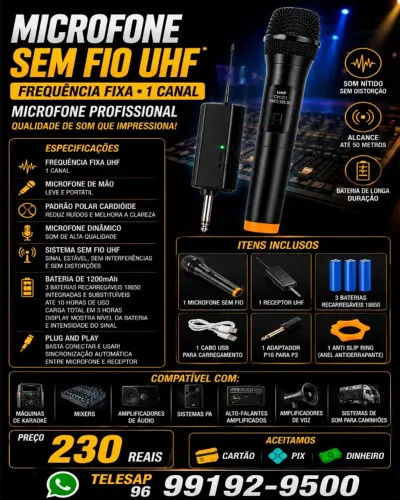 Microfone de Mão Sem Fio