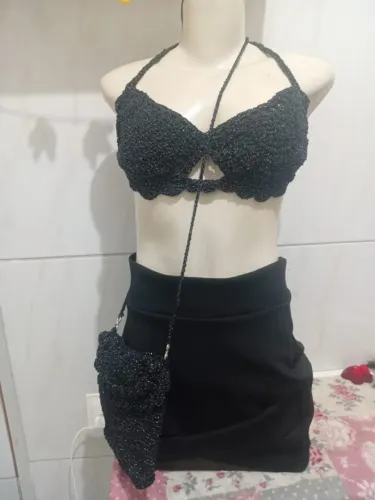 03 pecas:Top meia taça, bolsa de Crochet e saia Look completo p forrozar