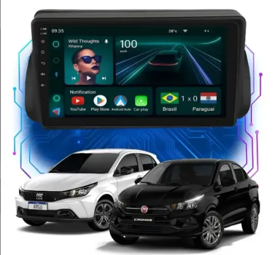 Central multimídia Android 14 9 Pol. 4Gb/64Gb Carplay/ A. auto Argo ou Cronos