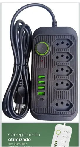 Filtro de Linha C/ 5 tomadas + 4 entradas USB Padrão e 1 USB Tipo C e 1.9metroa