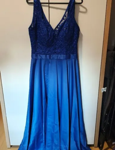 vestido de festa longo azul bic