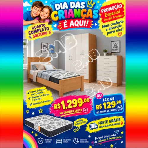 Kit quarto de solteiro Cama com colchão, guarda roupas e cômoda