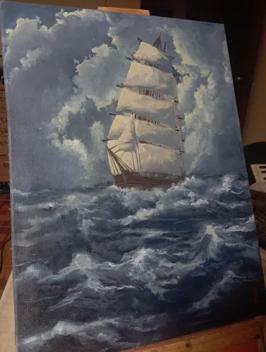 Quadro óleo sobre tela - Veleiro em alto mar
