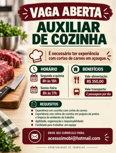 AUXILIAR DE COZINHA COM EXPERIÊNCIA EM AÇOUGUE - período integral