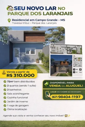 Vendo ou Alugo casa nova ,1qto e 1apt, Bairro Parque dos Laranjais, Travessa Imbú-64 casa0