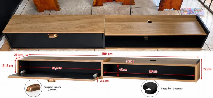 Rack Suspenso 1,80m Moderno Amadeirado e Preto com Porta Basculante