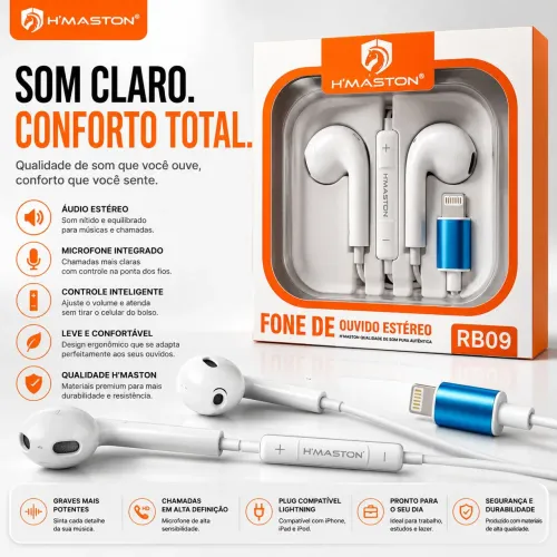 Fone de Ouvido H'Maston RB09 Lightning com Microfone para iPhone