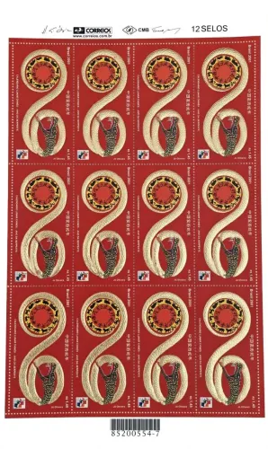 Folha Completa Original dos Correios com 12 Selos do Calendário Lunar Chinês.